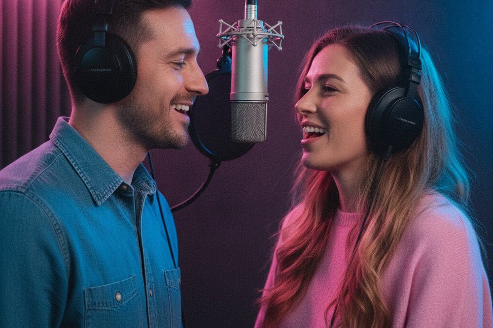 Un couple chante face à face devant le même micro de studio, casques sur les oreilles, éclairage rose et bleu