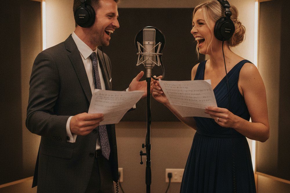 Les amies de la mariée forment des cœurs avec leurs mains autour d'elle, devant le fond noir du studio