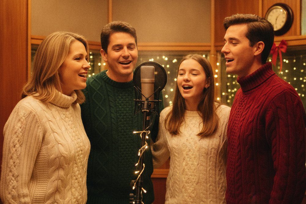 Une famille de quatre chante ensemble autour d'un micro de studio, pulls d'hiver et guirlande lumineuse
