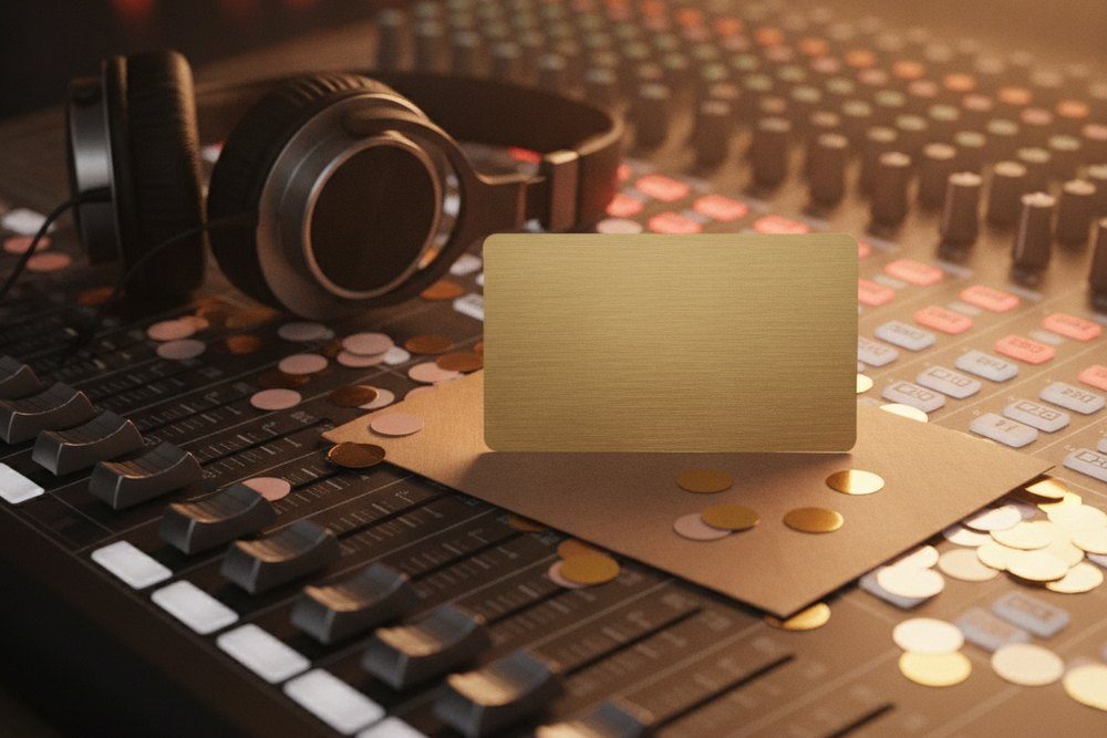 Une carte cadeau dorée posée sur une console de mixage, entourée de confettis dorés, un casque de studio à côté